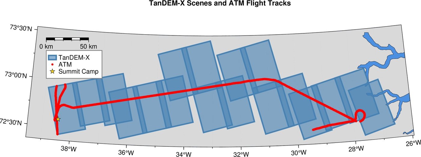 Study area: footprints of the 18 TanDEM-X acquisitions and NASA IceBridge ATM flight tracks along a transect from Summit Camp to the Greenland east coast