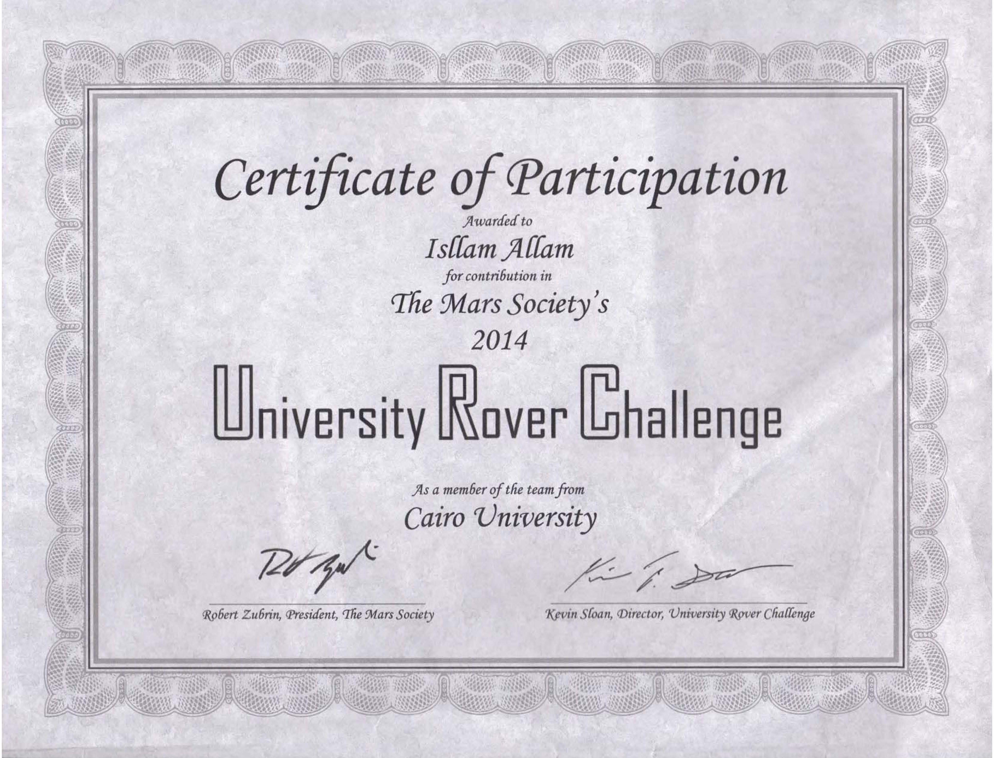 University Rover Challenge 2014 certificate